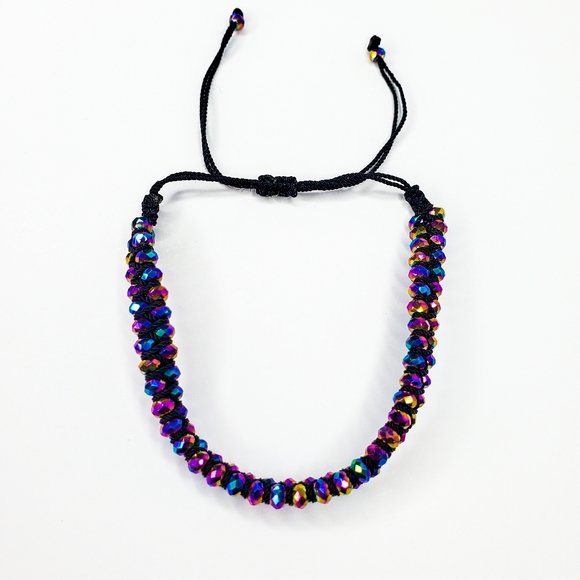 Rainbow Metallic Iridescent Oil Slick Facet Rondelle Adjustable Bracelet Anklet - Picture 2 of 11